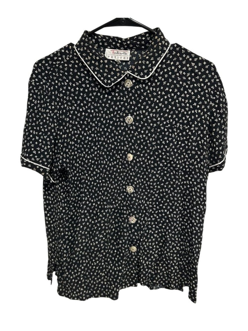 Talbots Petites Black White Buttoned Short Sleeves Peter Pan Collar Sz PL
